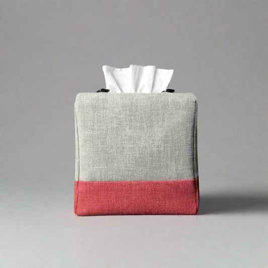Square tissue box cover with taupe colour top and burgundy base