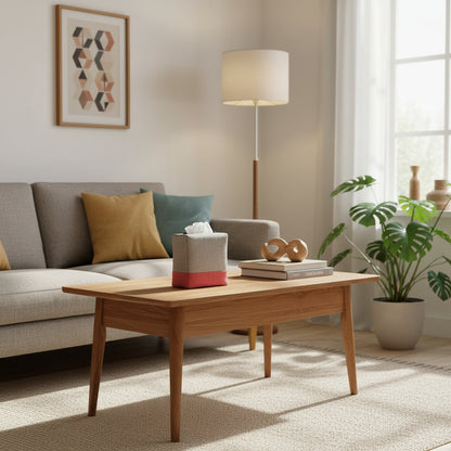 Square tissue box cover sitting on a coffee table in a contemporary living room