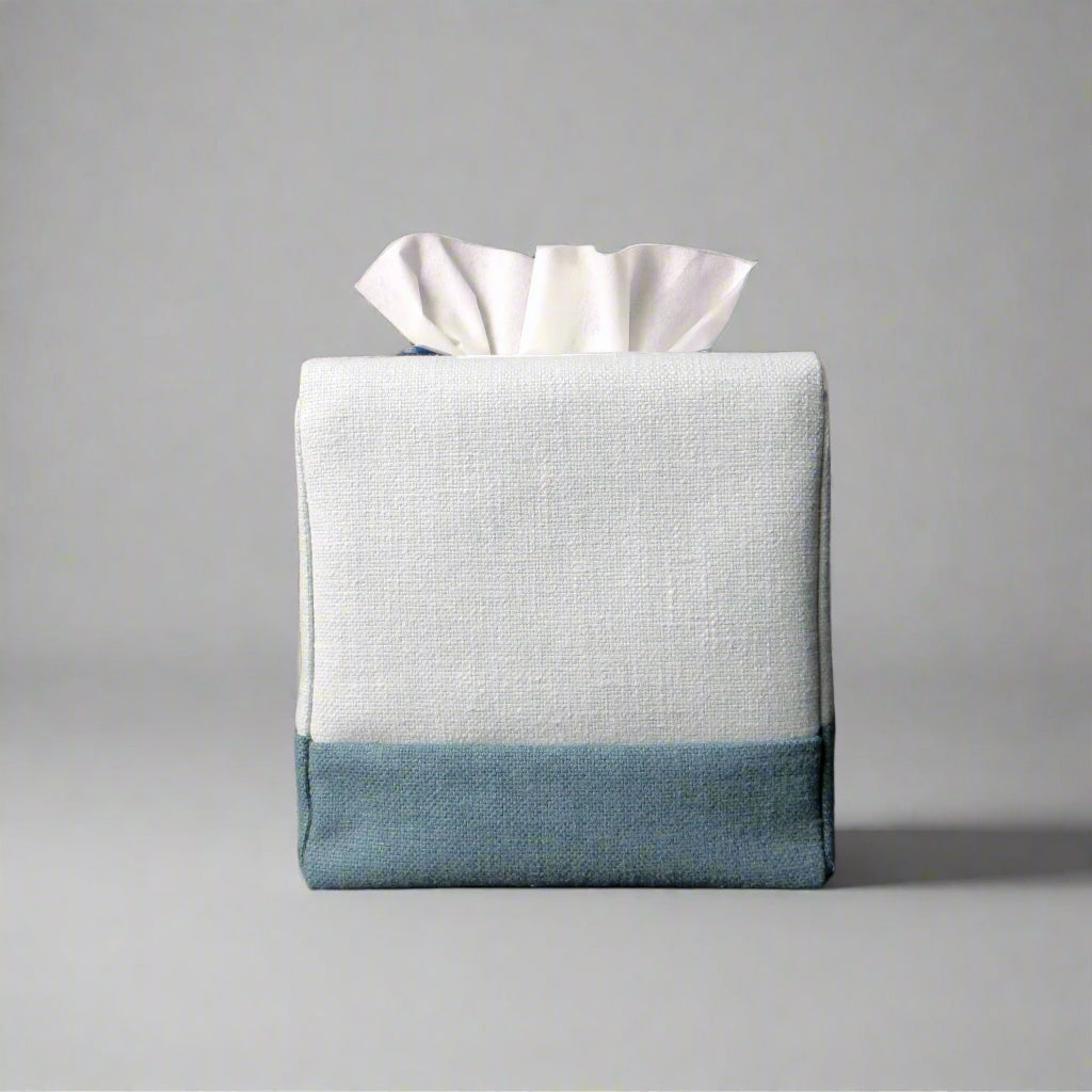 Square tissue box cover with light blue top and dark blue base