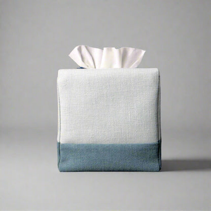 Square tissue box cover with light blue top and dark blue base