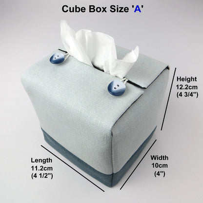 Square tissue box cover with light blue top and dark blue base