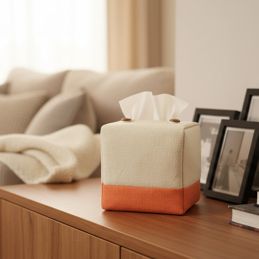 Square tissue box cover sitting on a hall table in a contemporary home