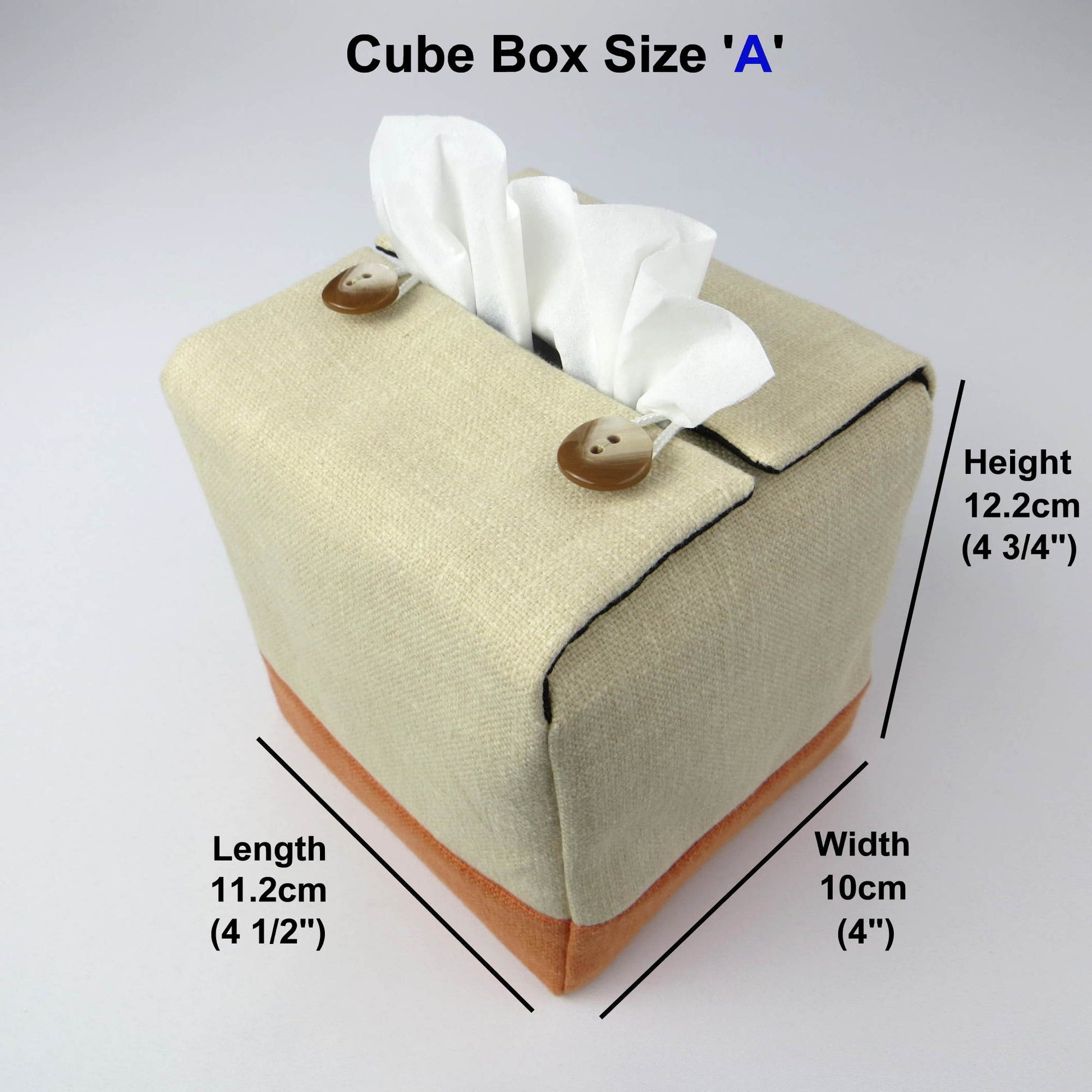 Square tissue box cover with product details