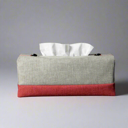 Rectangle tissue box cover with taupe top and burgundy base