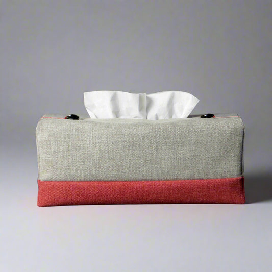 Rectangle tissue box cover with taupe top and burgundy base