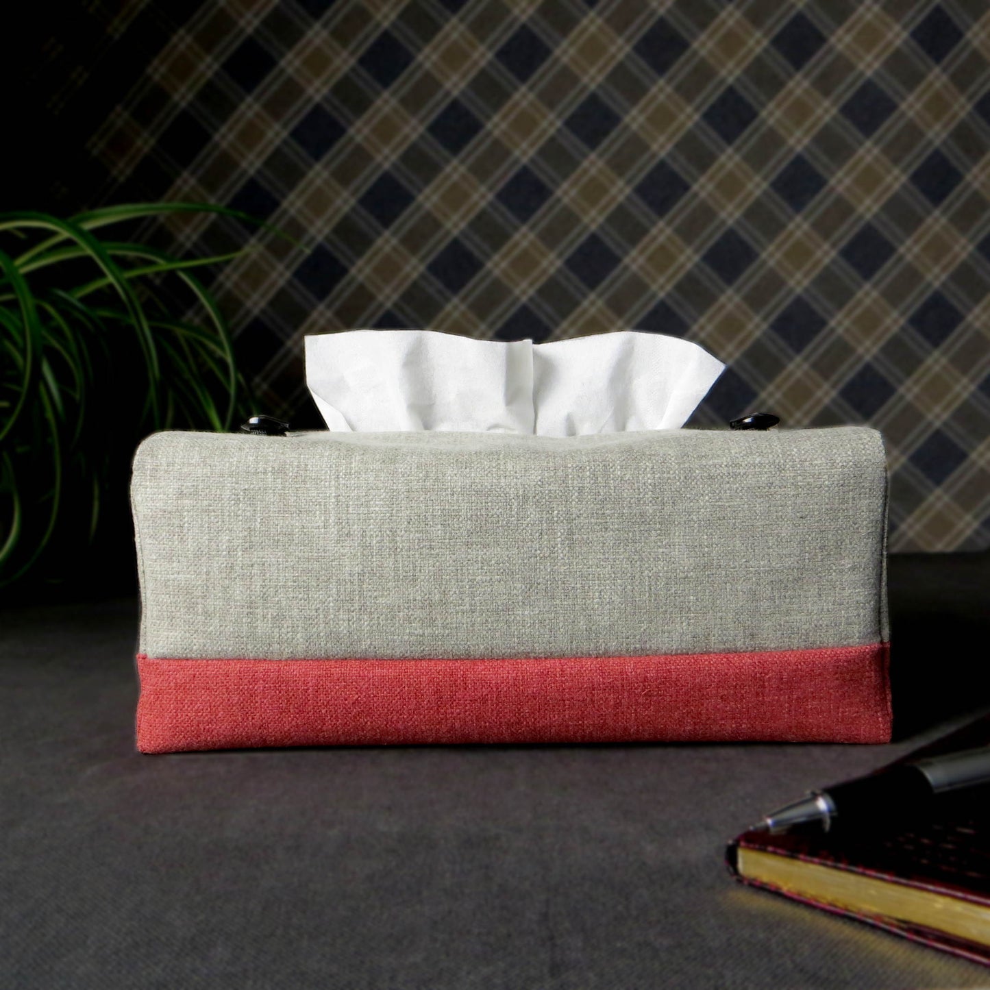 Rectangular Fabric Tissue Box Cover - Two Tone Taupe and Burgundy