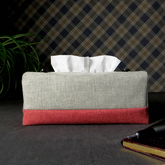 Rectangular Fabric Tissue Box Cover - Two Tone Taupe and Burgundy