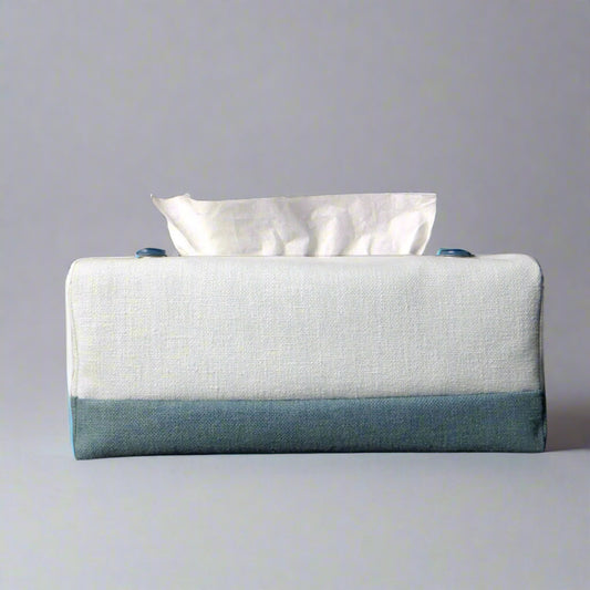 Rectangle tissue box cover with light blue top and dark blue base
