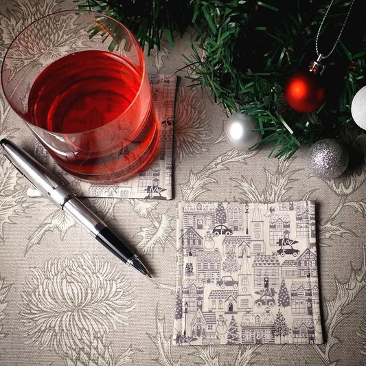 Square Fabric Coaster Set of 2 - Winter Village Christmas Design