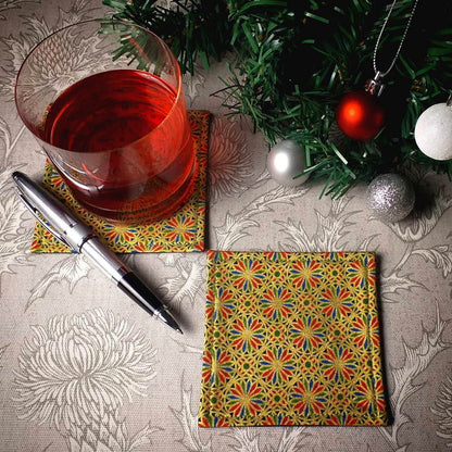 Square Fabric Coaster Set of 2 - Petals on Gold Christmas Design