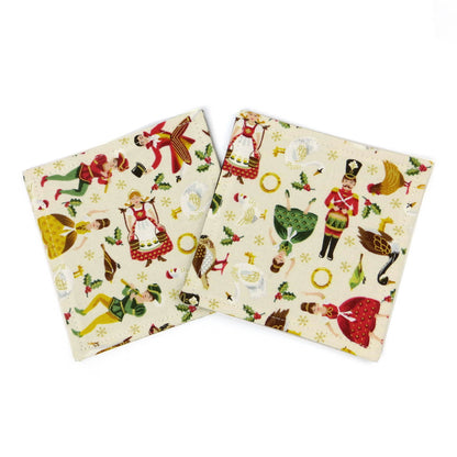 Square coasters with holiday themed multi colour icons of the 12 Days of Christmas on off-white background