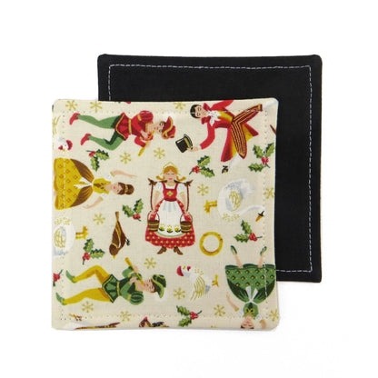 Square coasters with holiday themed multi colour icons of the 12 Days of Christmas on off-white background