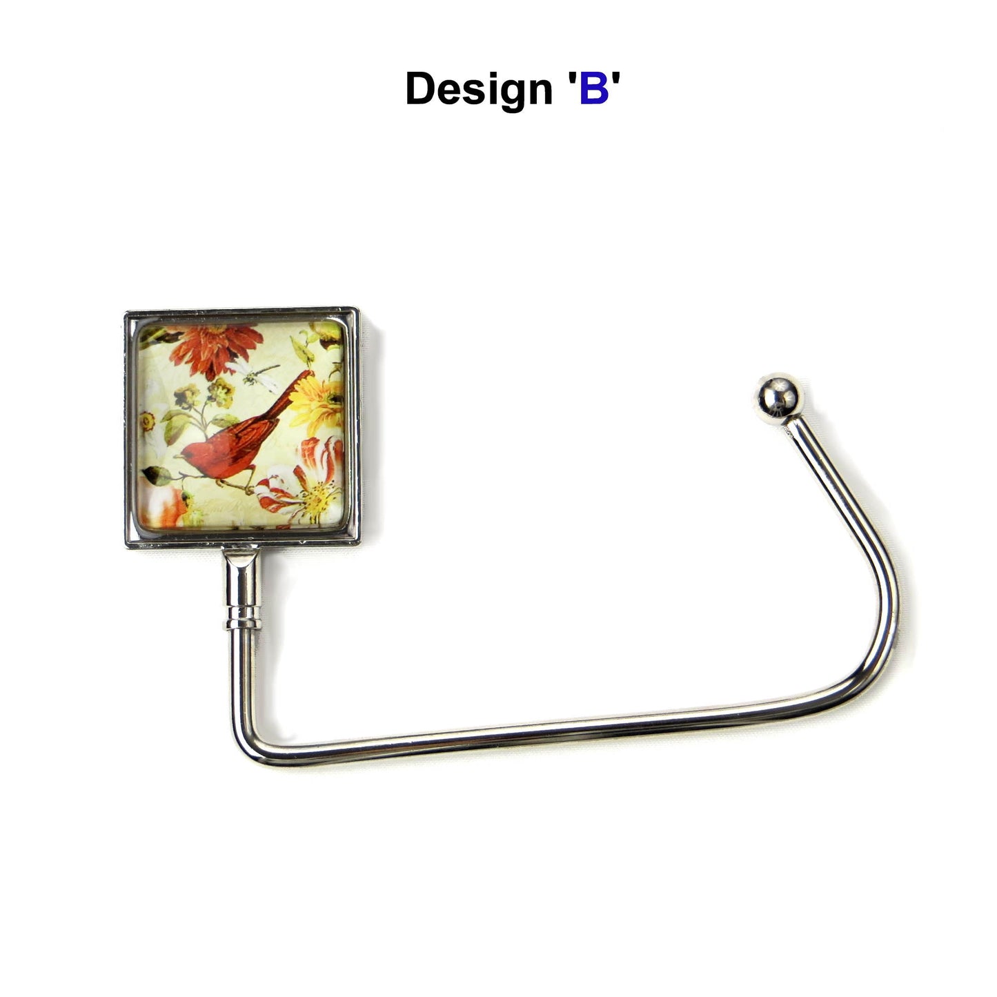 Handbag hook with a glass domed red bird image