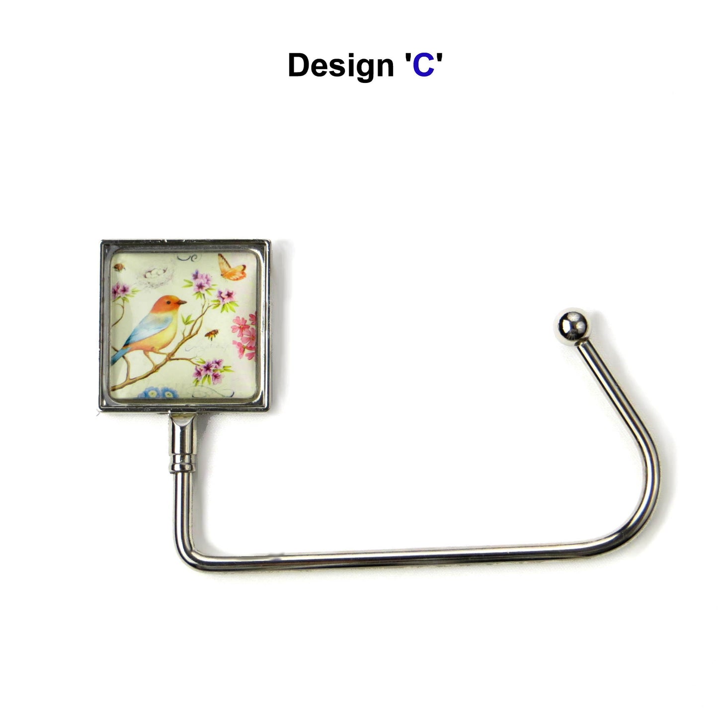 Handbag hook with a glass domed orange and blue bird image