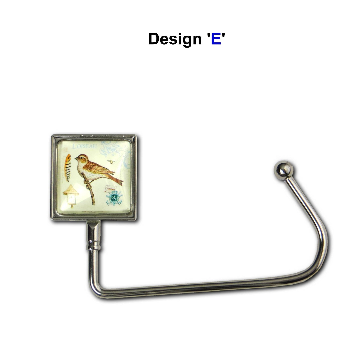Handbag hook with a glass domed bird and branch image