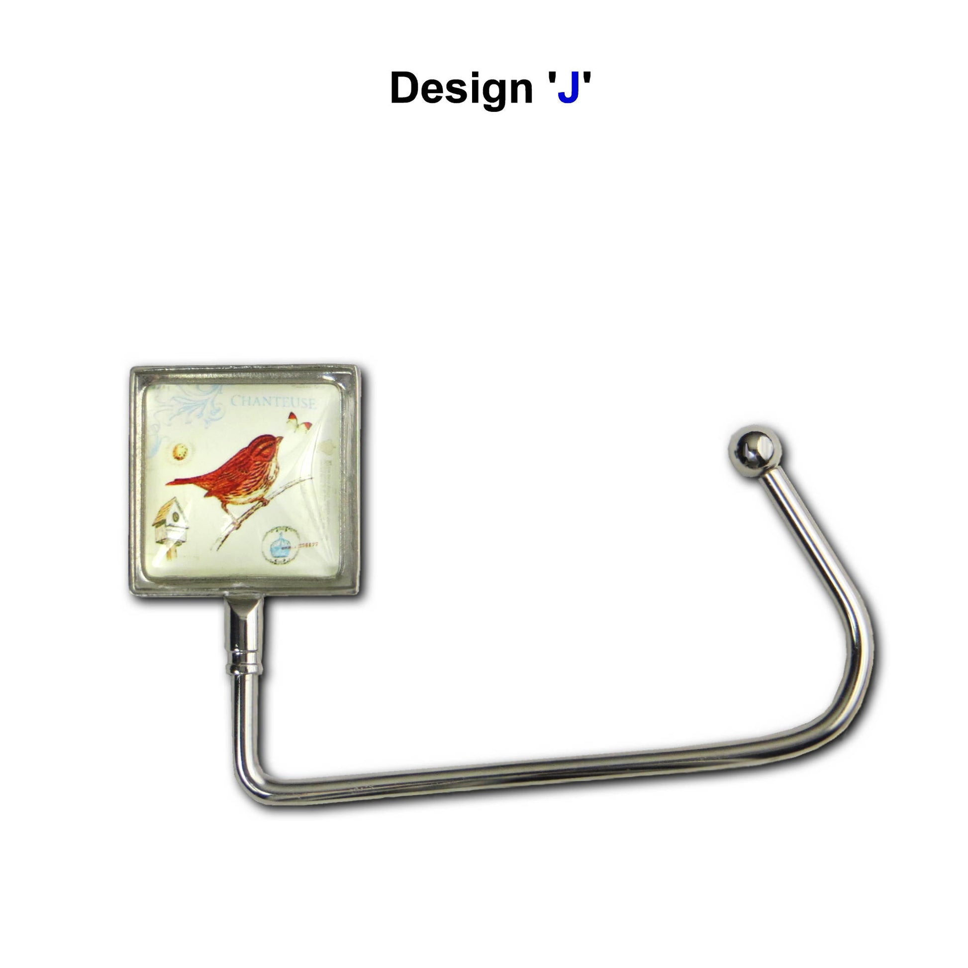 Handbag hook with a glass domed orange bird image