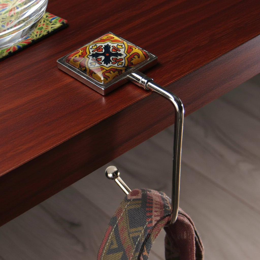 Handbag hook hanging on a table