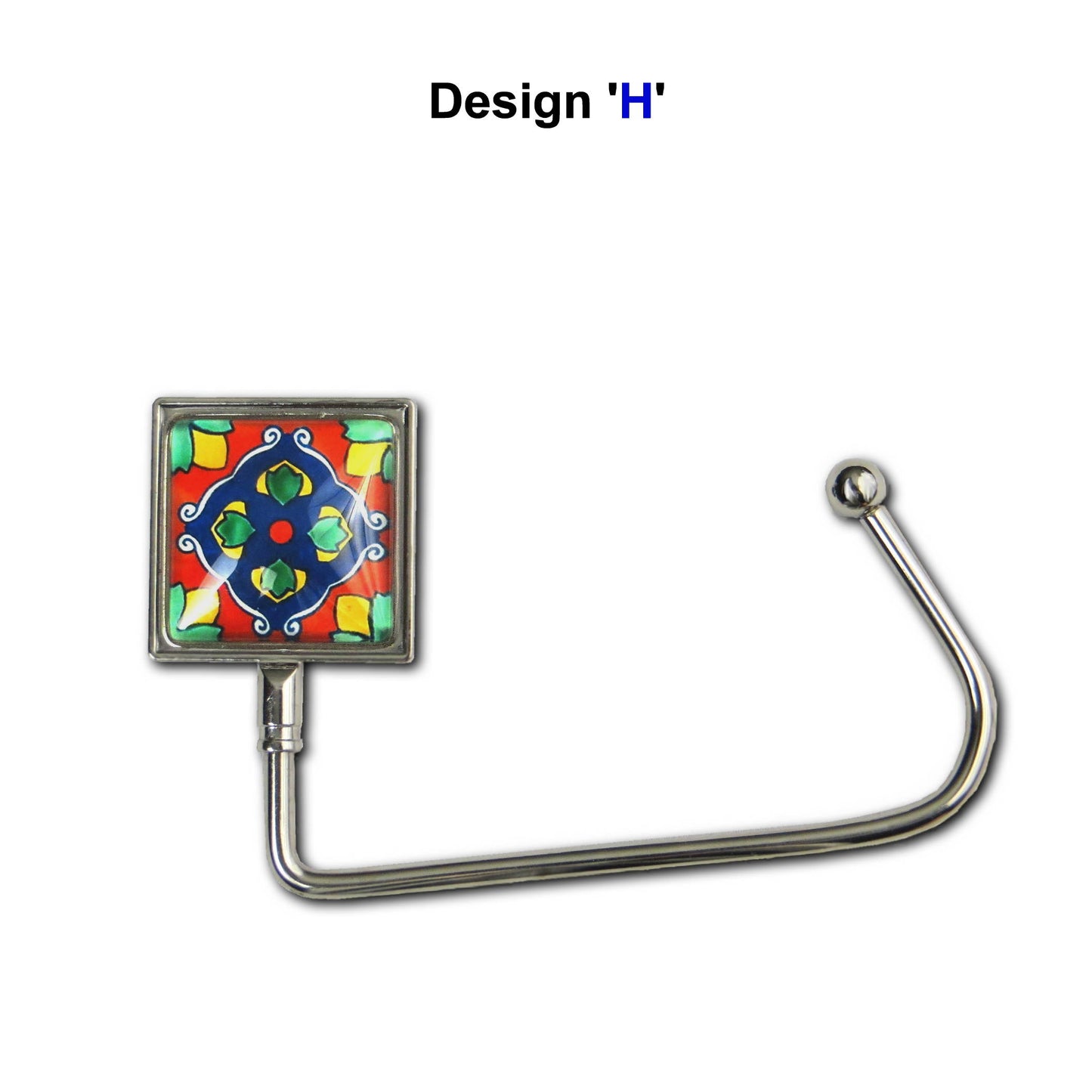 Handbag hook with a glass domed red, blue, and yellow tile image