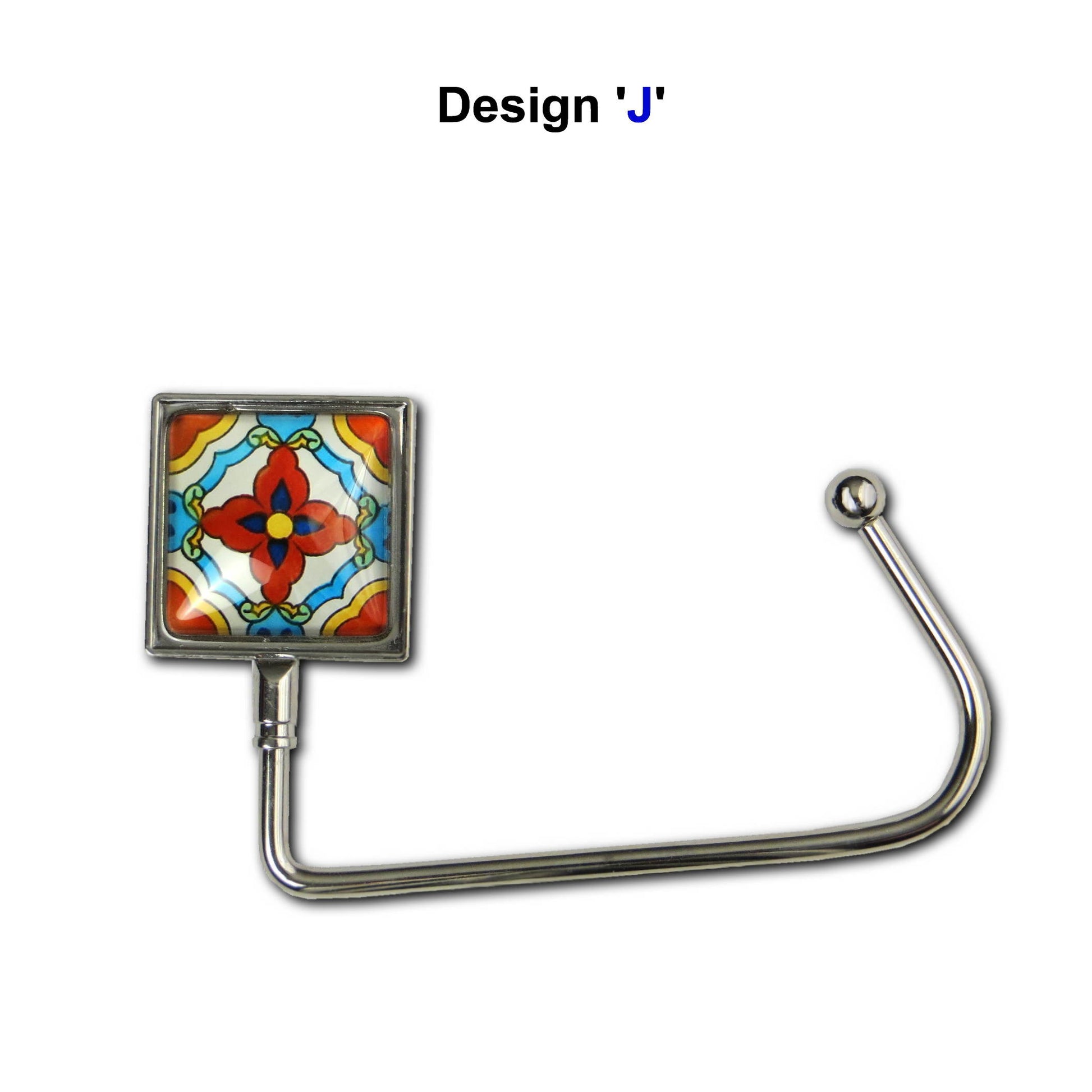 Handbag hook with a glass domed red, blue, and yellow tile image