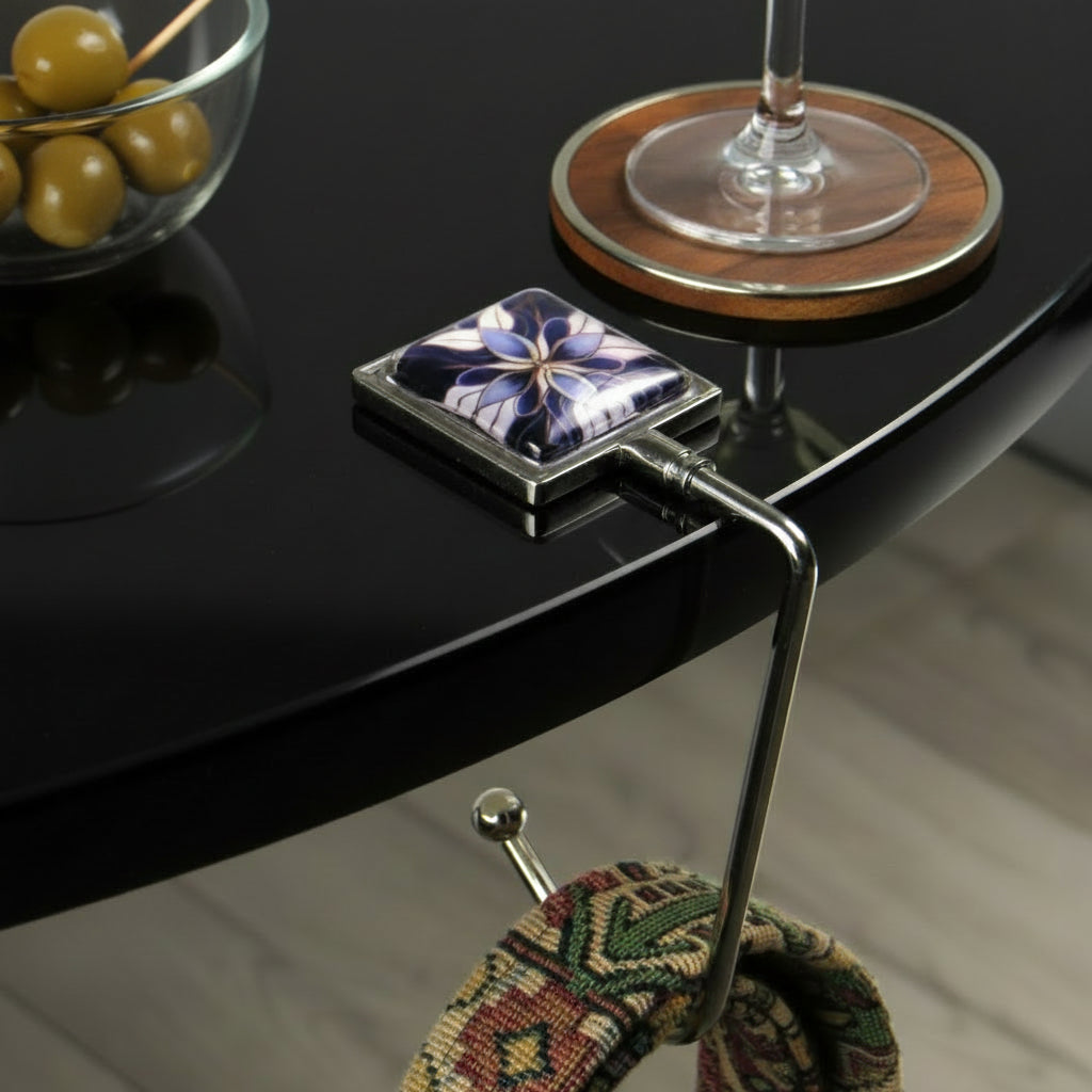 Handbag hook with glass domed image for hanging accessories on tables, ledges, and shelves