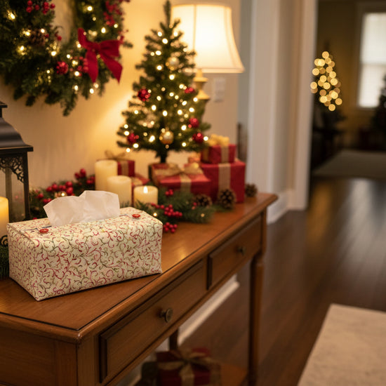 Tissue box cover with a red and green swirl design displayed in a bathroom and living room