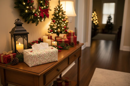 Tissue box cover with a red and green swirl design displayed in a bathroom and living room