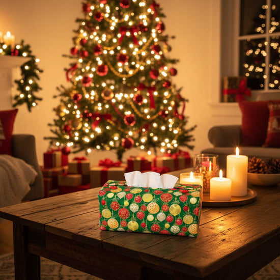 Tissue box cover with colourful baubles pattern on a green background displayed in a hallway and living room