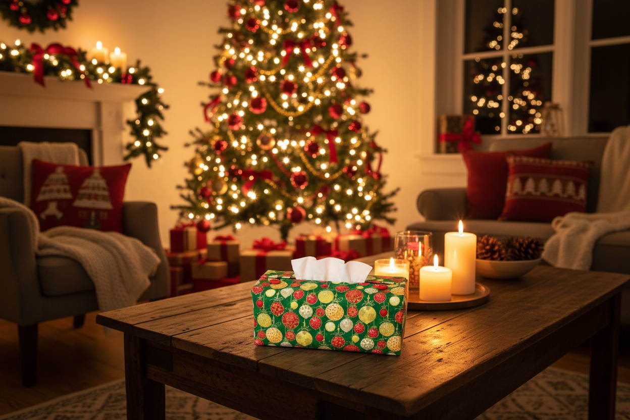 Tissue box cover with colourful baubles pattern on a green background displayed in a hallway and living room