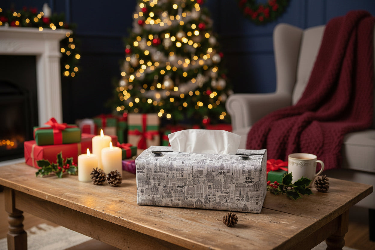 Tissue box cover with a black and white winter village scene displayed in a bathroom and living room