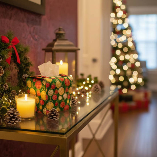 Tissue box cover with colourful baubles pattern on a green background displayed in a hallway and living room