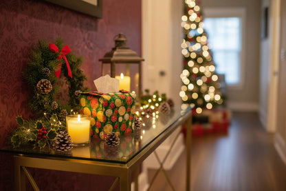 Tissue box cover with colourful baubles pattern on a green background displayed in a hallway and living room