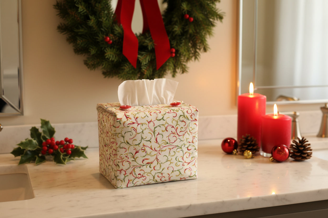 Tissue box cover with red and green swirl design displayed in a bathroom and living room
