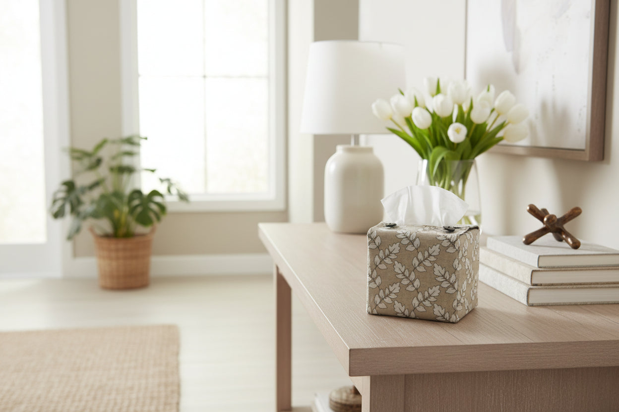 Handmade cotton cube tissue box cover with floral design displayed in a living room