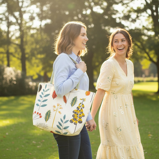 Handmade cotton large tote bag with shoulder straps and illustrated colourful floral design on a white background