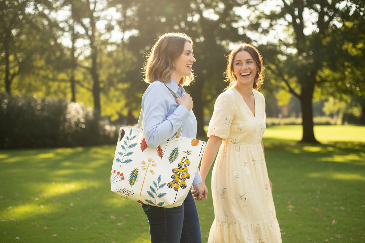 Handmade cotton large tote bag with shoulder straps and illustrated colourful floral design on a white background