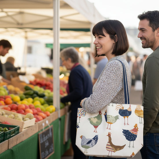 Handmade cotton large tote bag with multi colour chickens at a farmer's market