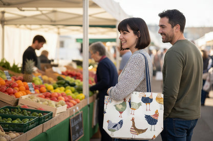 Handmade cotton large tote bag with multi colour chickens at a farmer's market