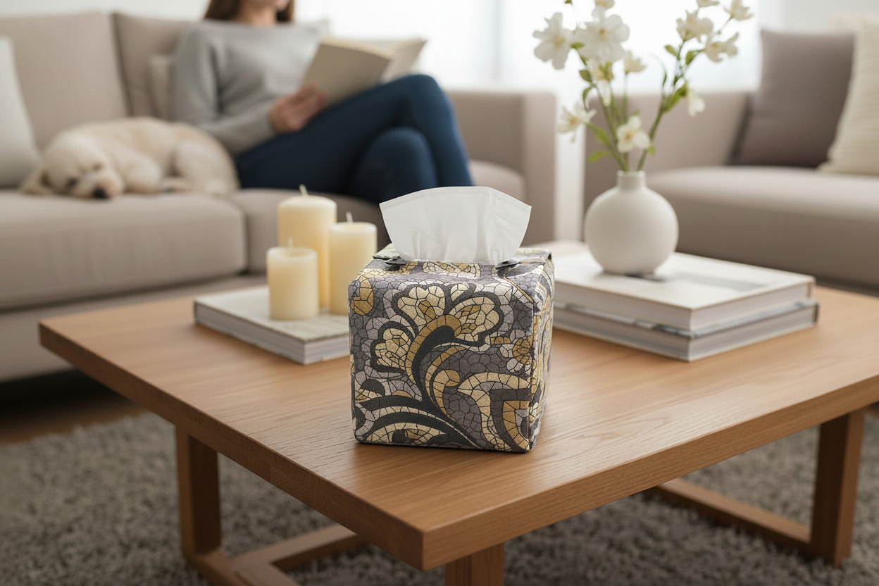 Handmade tissue box cover with grey paisley design displayed in a living room
