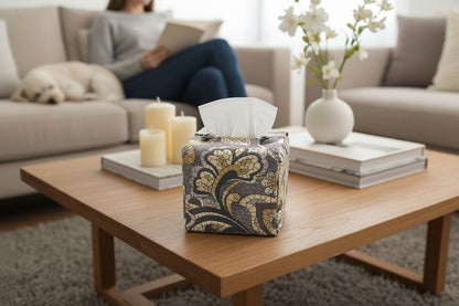 Handmade tissue box cover with grey paisley design displayed in a living room