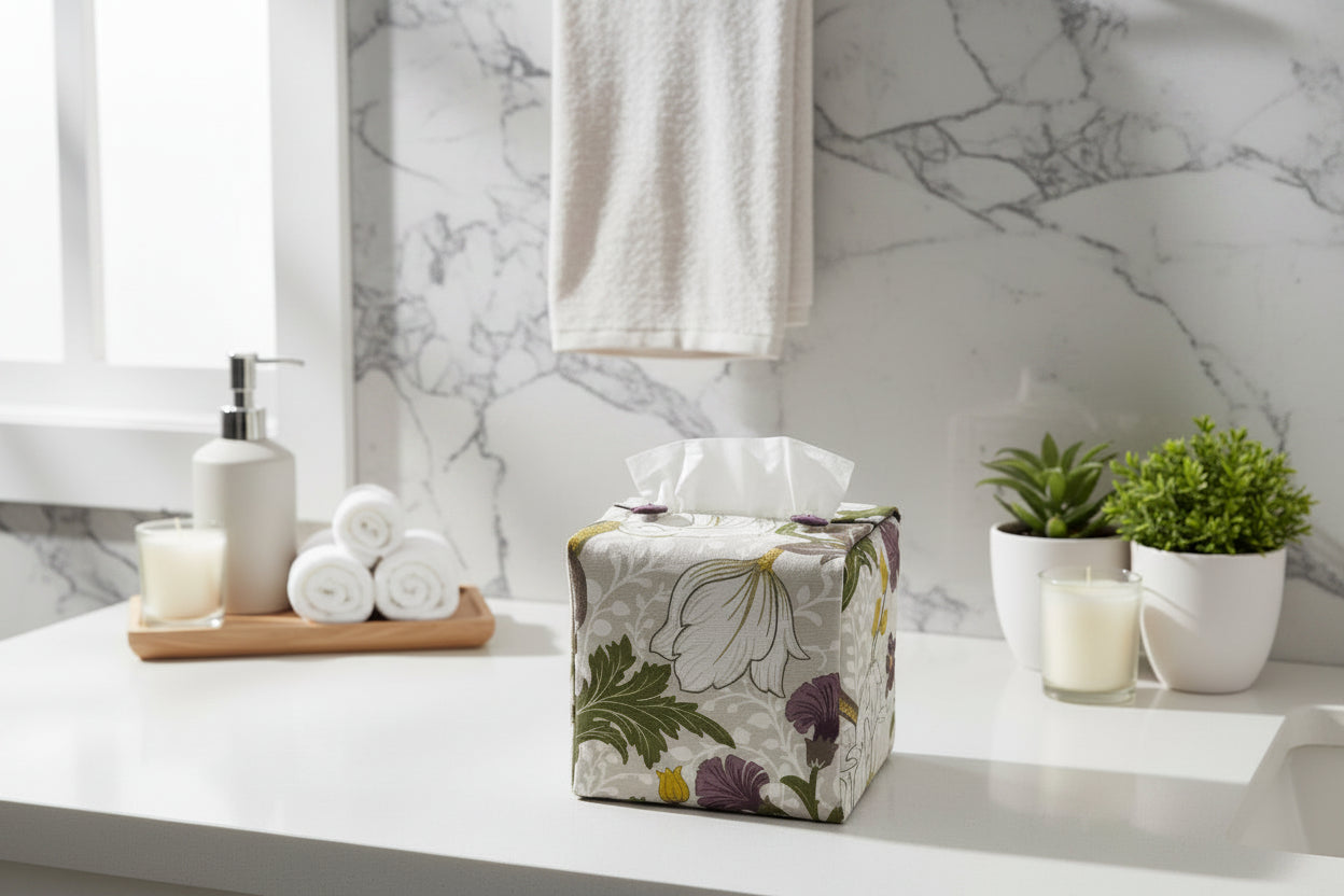 Handmade tissue box covers with a purple and white magnolia flower design displayed in a bathroom