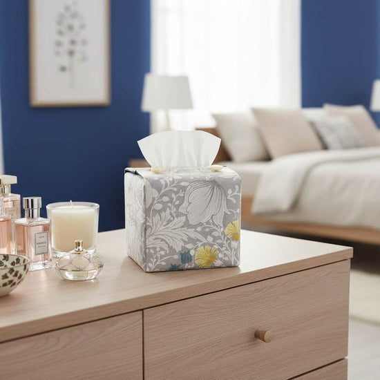 Handmade tissue box covers with a grey and white magnolia flower design displayed in a bedroom and living room