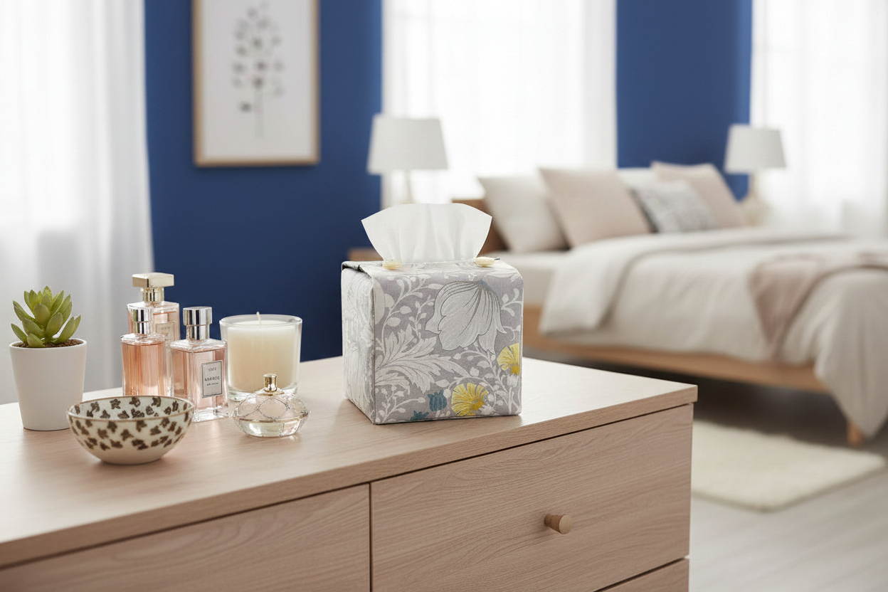 Handmade tissue box covers with a grey and white magnolia flower design displayed in a bedroom and living room