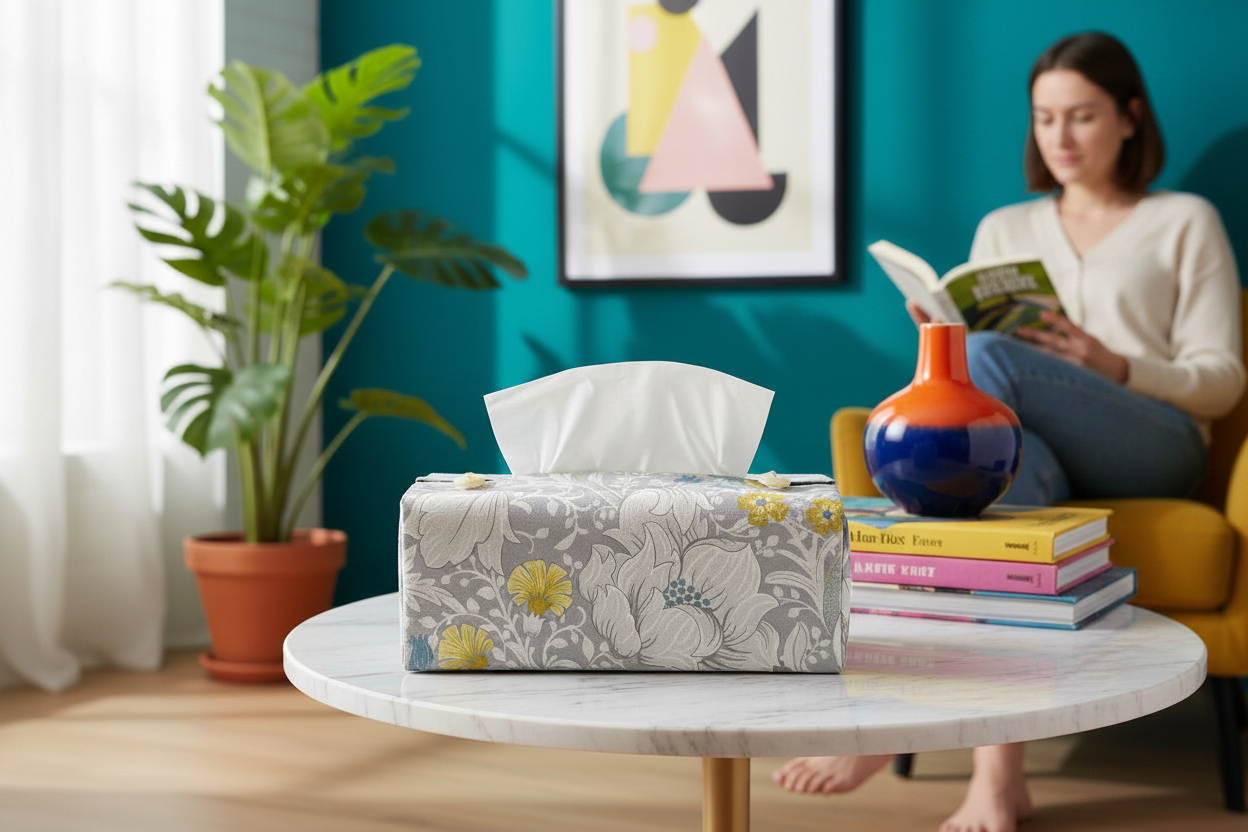 Handmade tissue box covers with a grey and white magnolia flower design displayed in a bedroom and living room