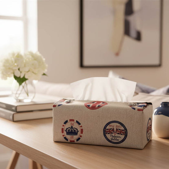 Handmade rectangular tissue box cover with motifs commemorating Queen Elizabeth's platinum jubilee displayed in living room