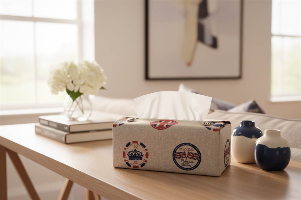 Handmade rectangular tissue box cover with motifs commemorating Queen Elizabeth's platinum jubilee displayed in living room