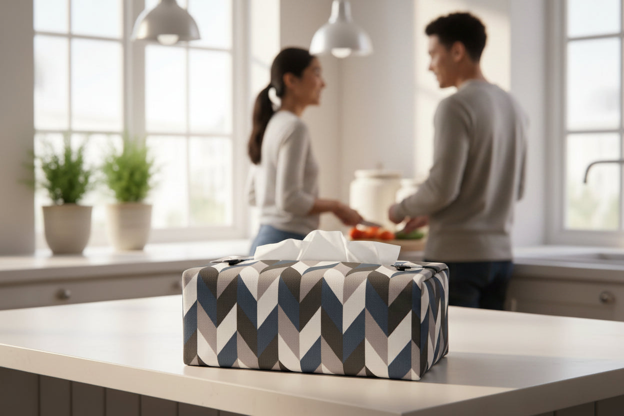 Handmade tissue box cover with a blue, white, and grey herringbone design displayed in a bedroom and kitchen