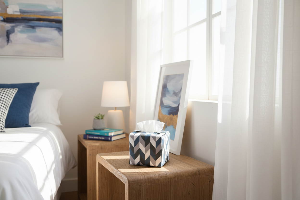 Handmade tissue box cover with a blue, white, and grey herringbone design displayed in a bedroom and kitchen
