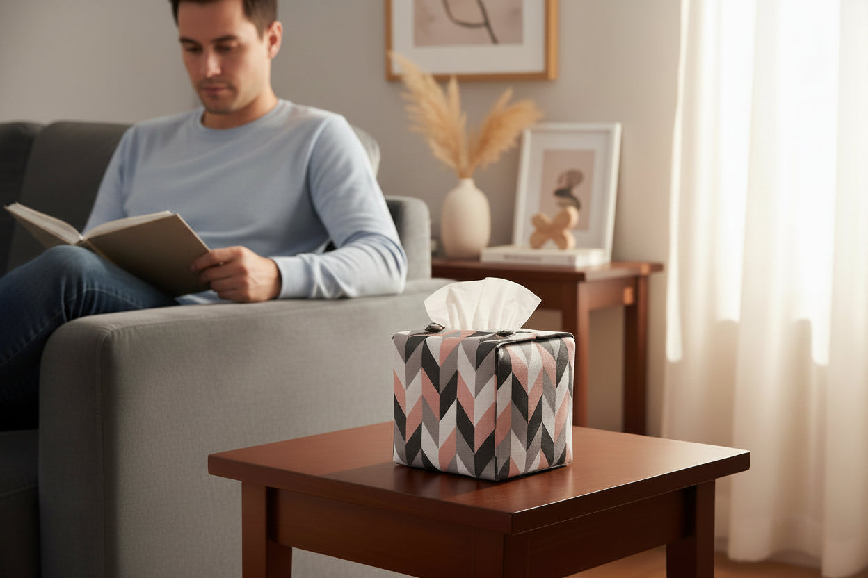 Handmade tissue box cover with pink, white, and grey herringbone design displayed in a living room