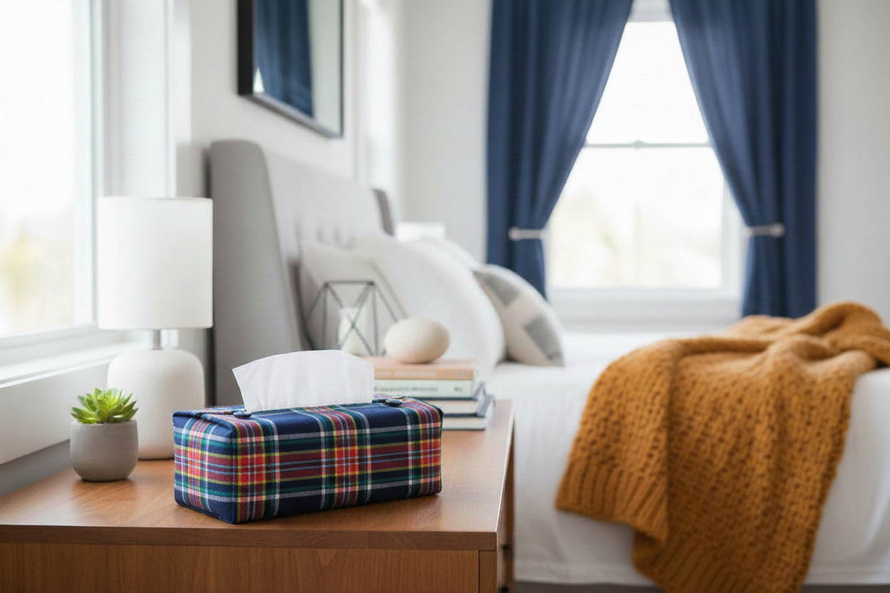 Handmade cotton rectangular tissue box cover with a navy and orange plaid design displayed in a bedroom