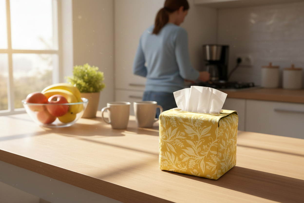 Handmade tissue box cover with yellow floral design displayed in a kitchen